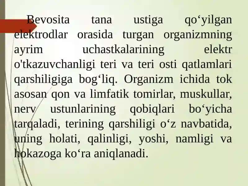 Biologik to‘qimalar va suyuqliklarning o‘zgarmas tokdaelektro‘tkazuvchnligi 3