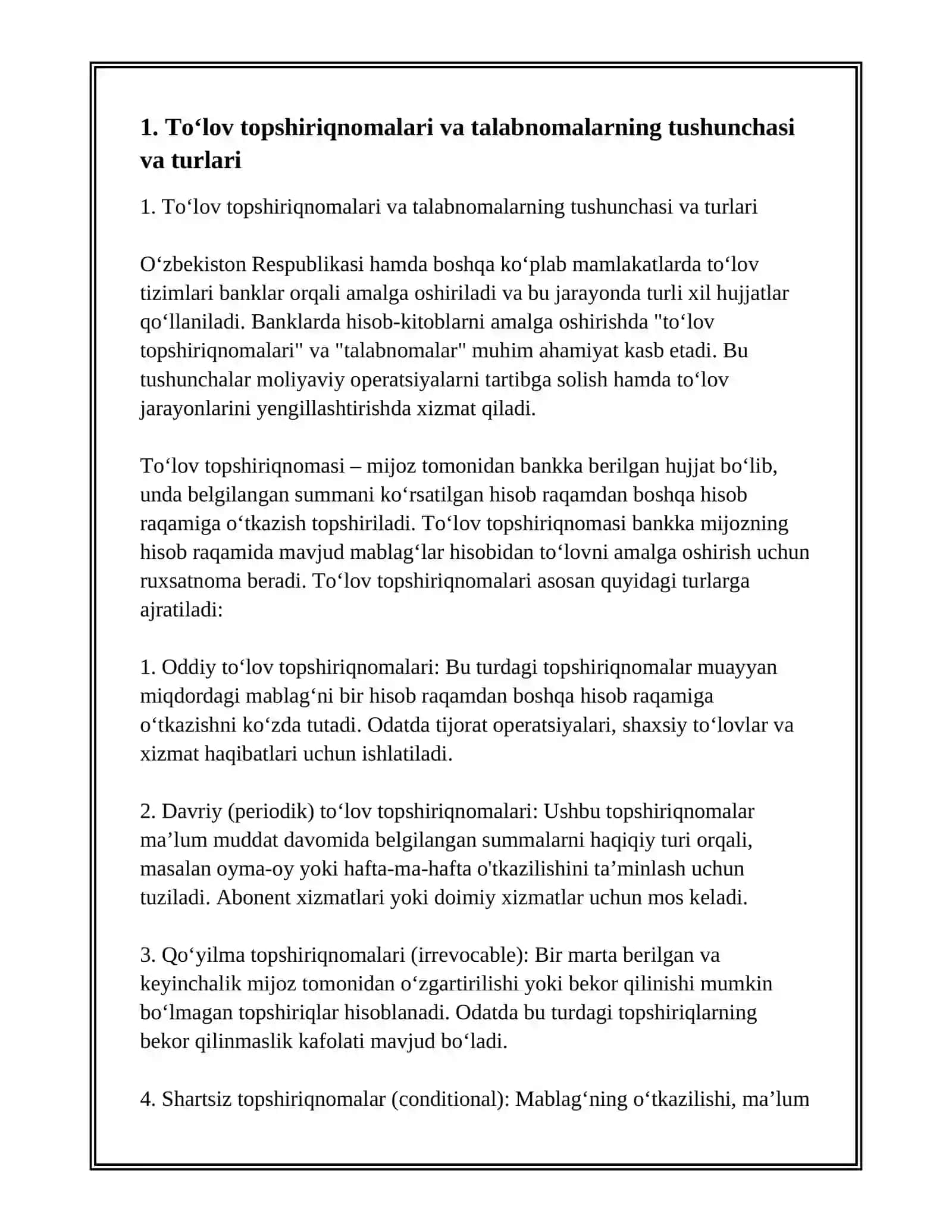 BANKLARDA TO‘LOV TOPSHIRIQNOMALARI VA TALABNOMALARI BILAN HISOB-KITOBLARNING HISOBI 3