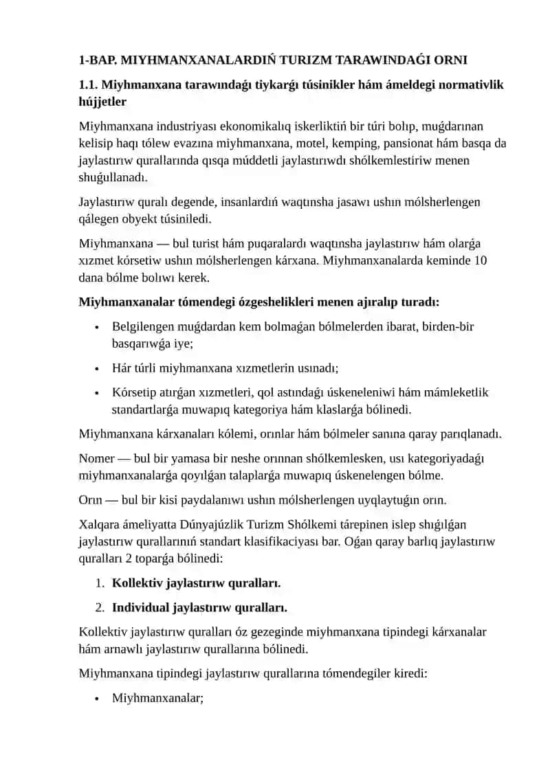 Miymanxana xizmeti túrleri, klassifikaciyası hám sapa standartları. 3