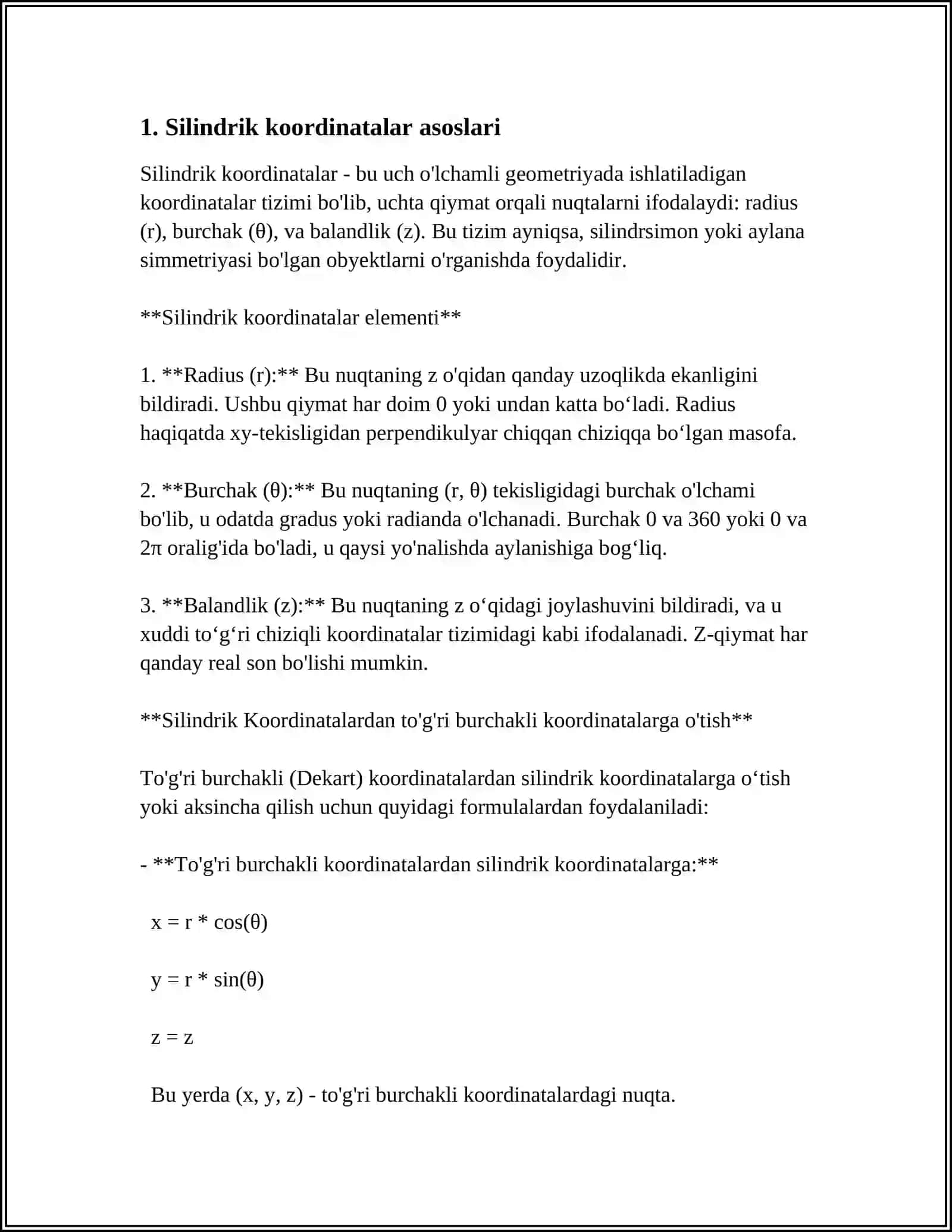 SILINDRIK VA SFERIK KOORDINATALAR SXEMASI 3