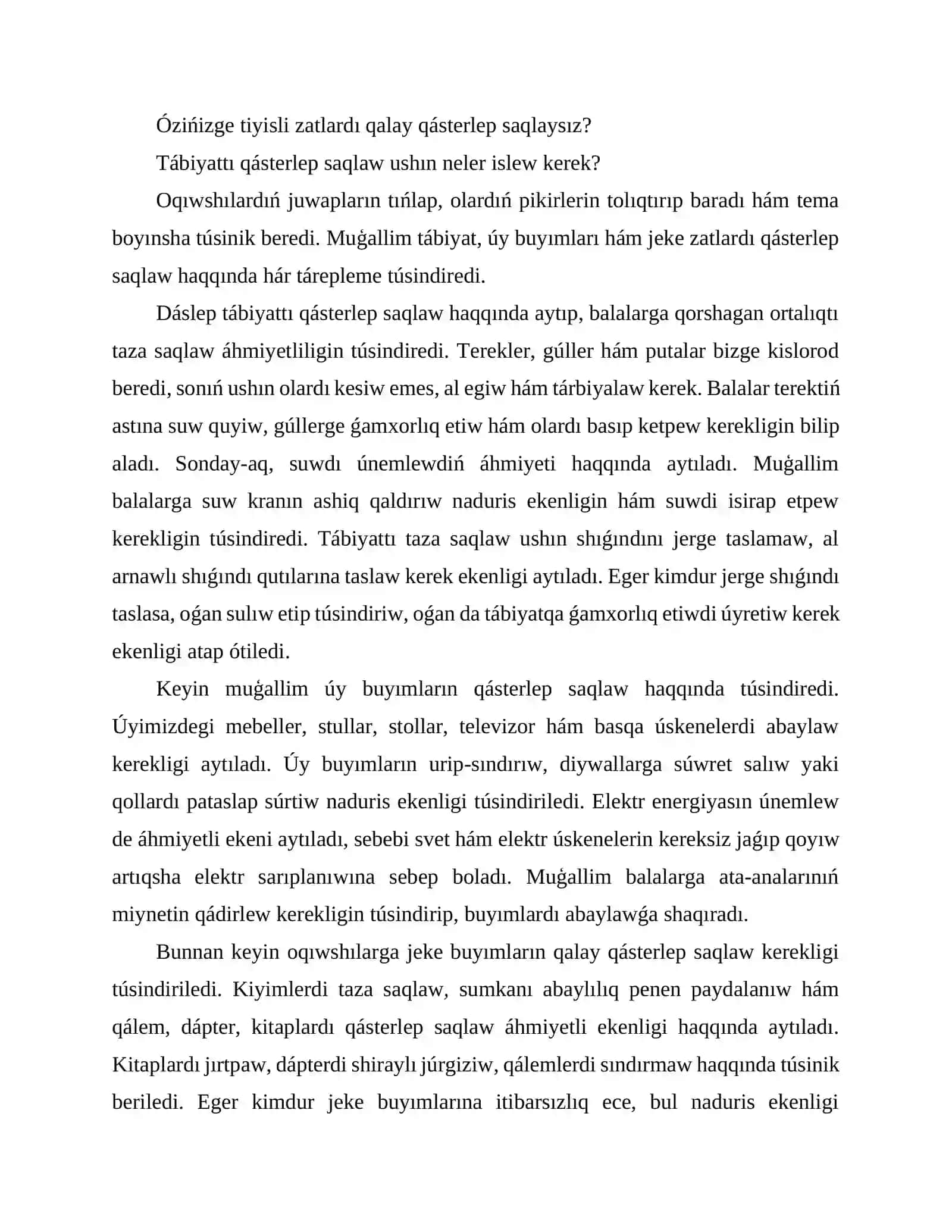1-klass Tárbiya páninen sabaq joybarı. Tema: "Asırap-abaylaymız." 3