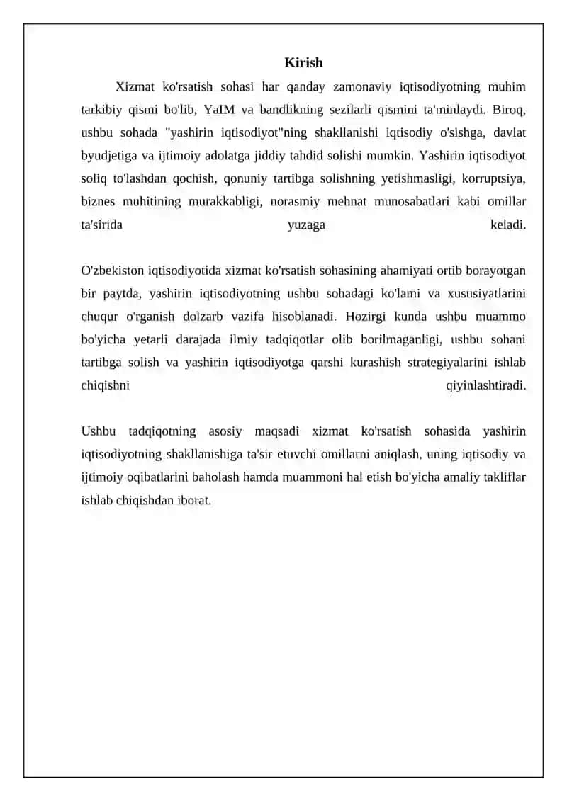 Xizmat korsatish sohasidagi yashirin iqtisodiyotning shakllanish omillari 3
