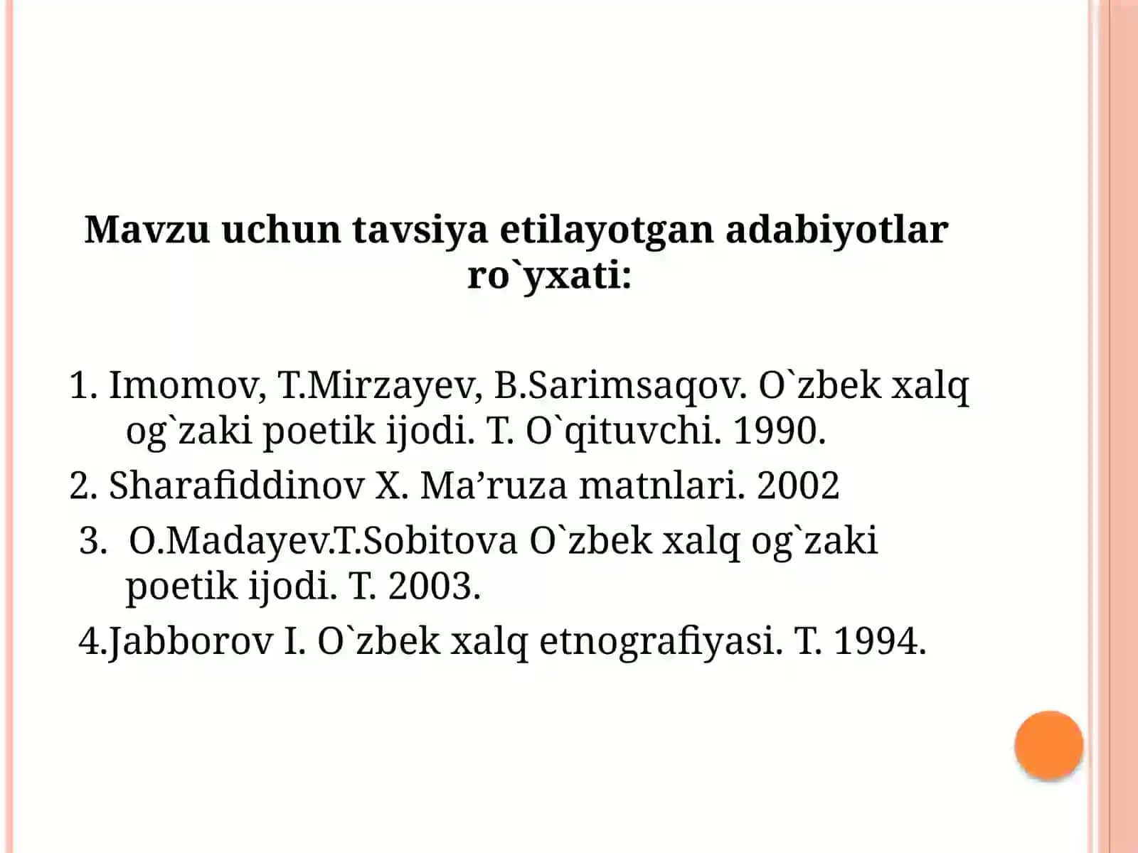 O`ZBEKFOLKLORINING TUR VA JANRLARI. AFSONA. RIVOYAT. MIF 3
