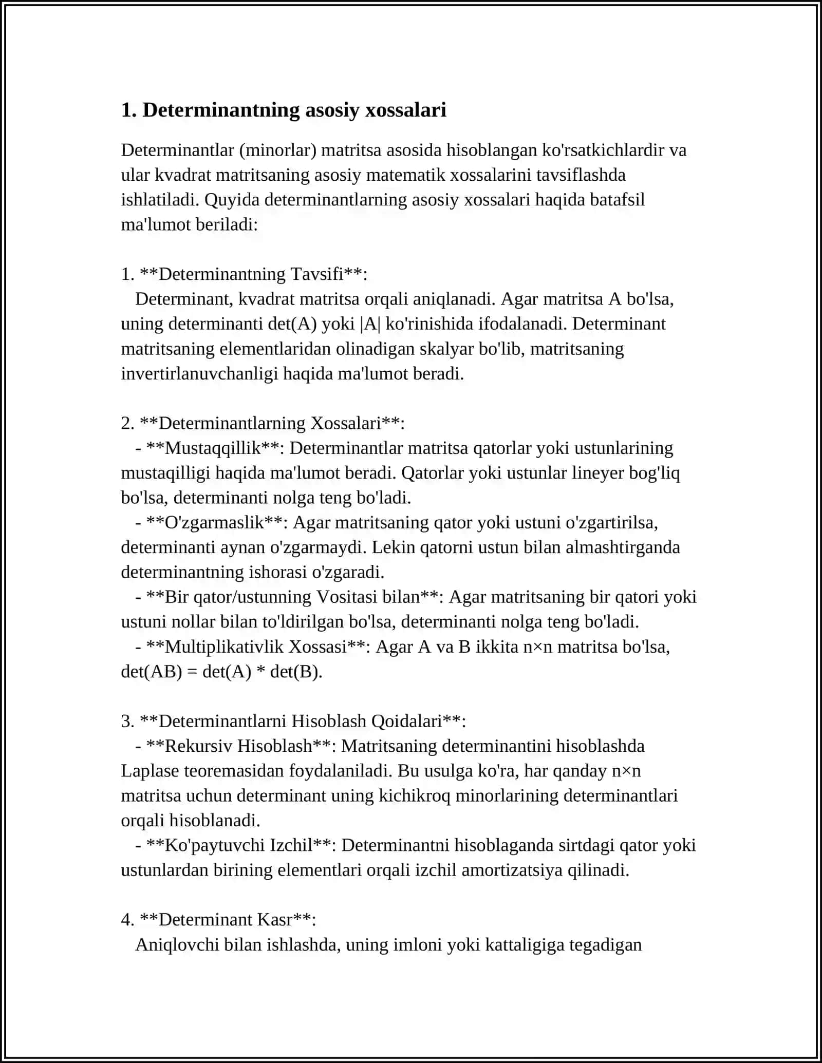 DETERMINANTLARNI VA TESKARI MATRITSANI HISOBLASHGA DOIR MISOLLAR YECHISH 3