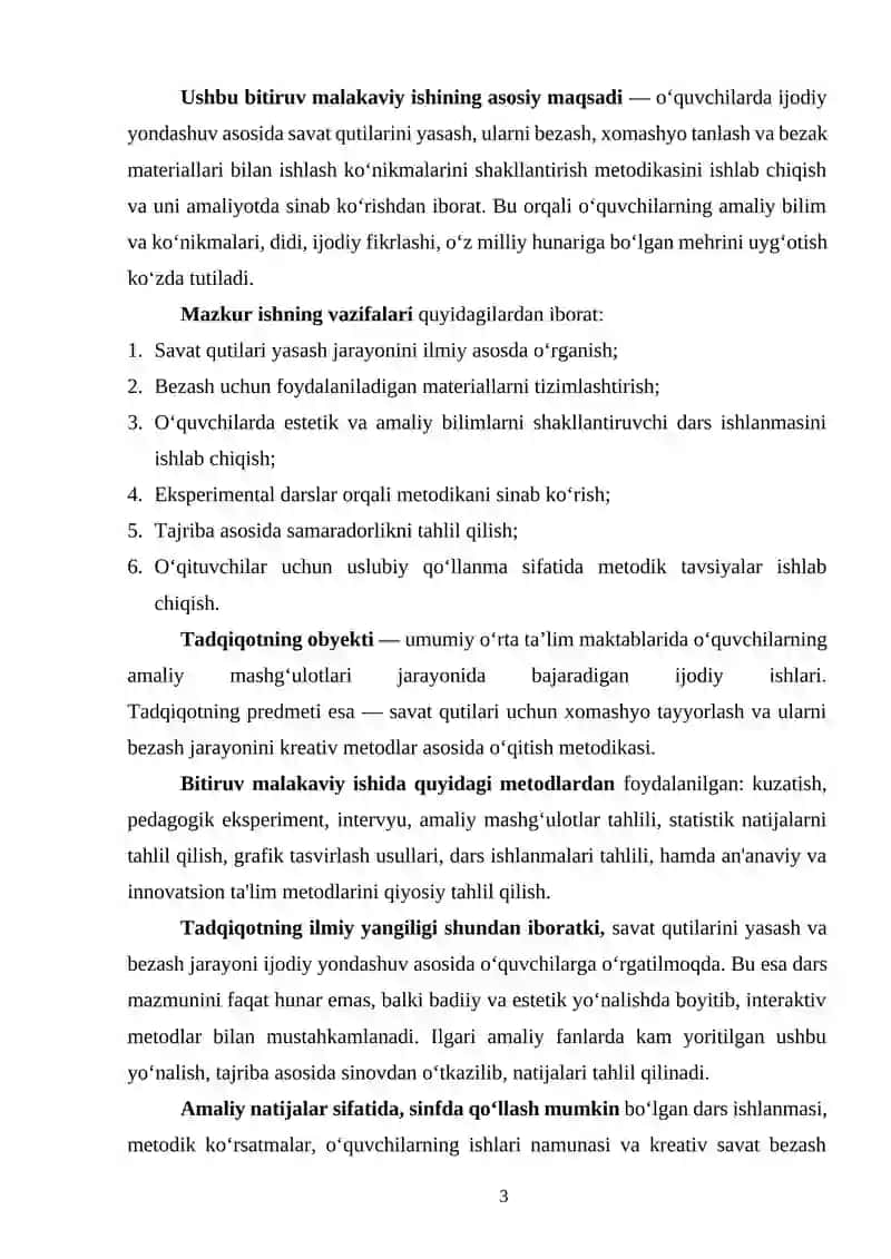 SAVAT QUTILARI UCHUN XOMASHYO MATERIALLAR TAYYORLASH VA TURLI BEZAKLARDAN FOYDALANIB SAVATNI BEZASH 3
