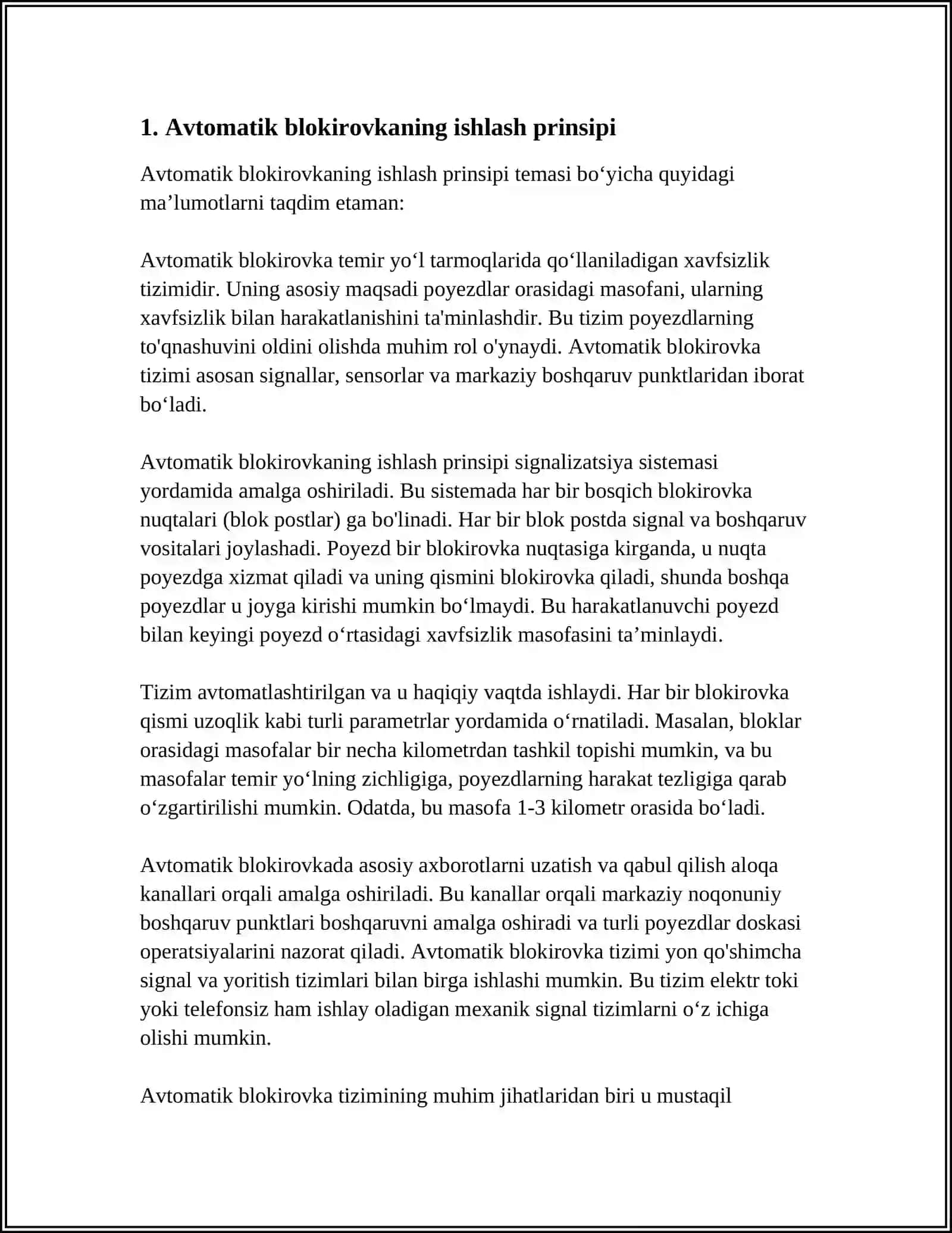 ABTOMATIK BLOKIROVKA BILAN TAMINLANGAN PEREGONDA POEZDLARNING HARAKATI 3