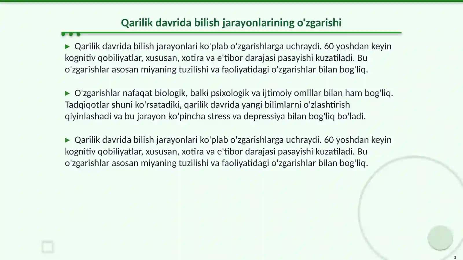 Qarilik davrida bilish jarayonlaridagi o'zgarishlar 3