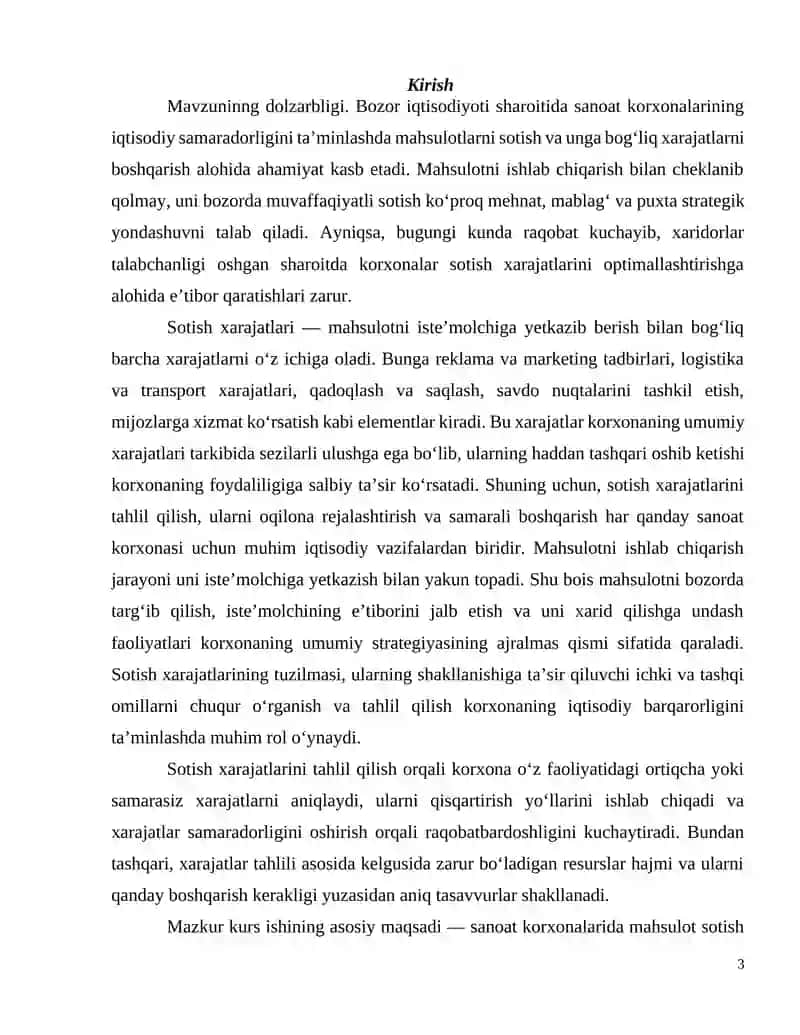 “Sanoat korxonalarida mahsulotlarni sotish xarajatlarini tahlil qilish va rejalashtirish” mavzusida ilmiy ish 3