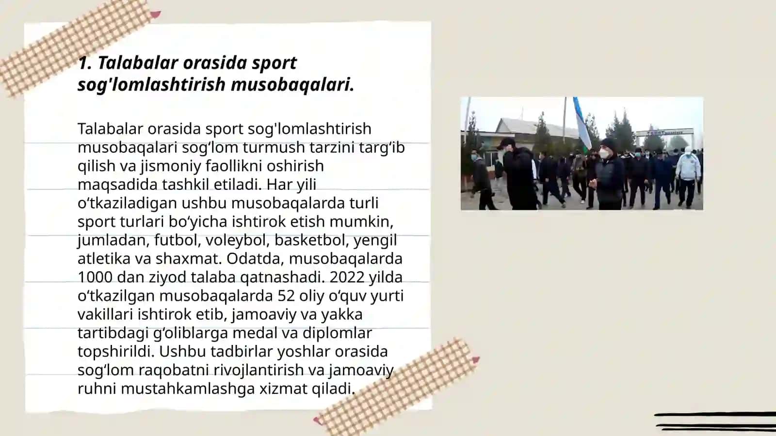 Talabalar o’rtasida va aholi turar joylarida sport sog’lomlashtirish tadbirlarini o’tkazish va tashkil qilish 3