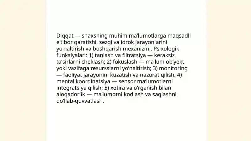Psixologiya: Diqqat haqida tushuncha va uning nerv-fiziologik asoslari 3
