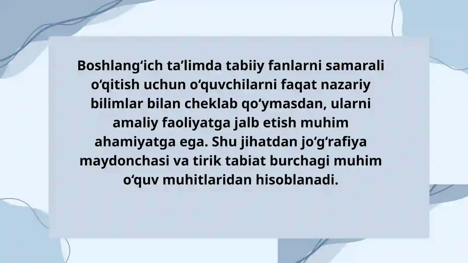 Jo‘g‘rafiya maydonchasi, tirik tabiat burchagi va o‘quv tajriba uchastkasida darslarni tashkil etish metodikasi 3