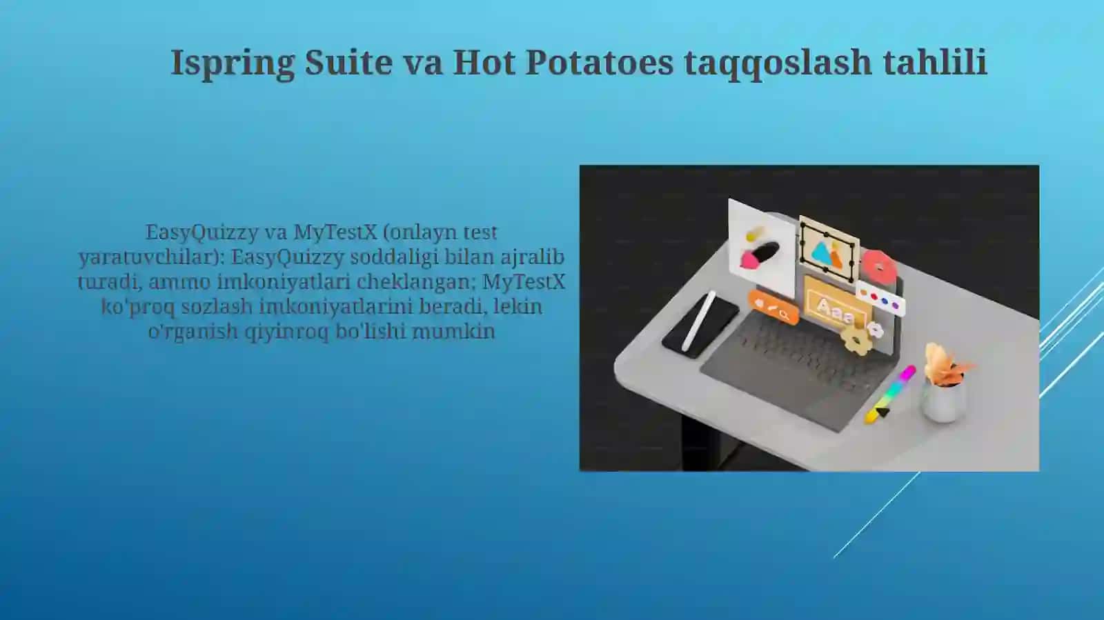 Ispring Suite, MyTestX, EasyQuizzy, Hot Potatoes dasturlari va ularning imkoniyatlari 3