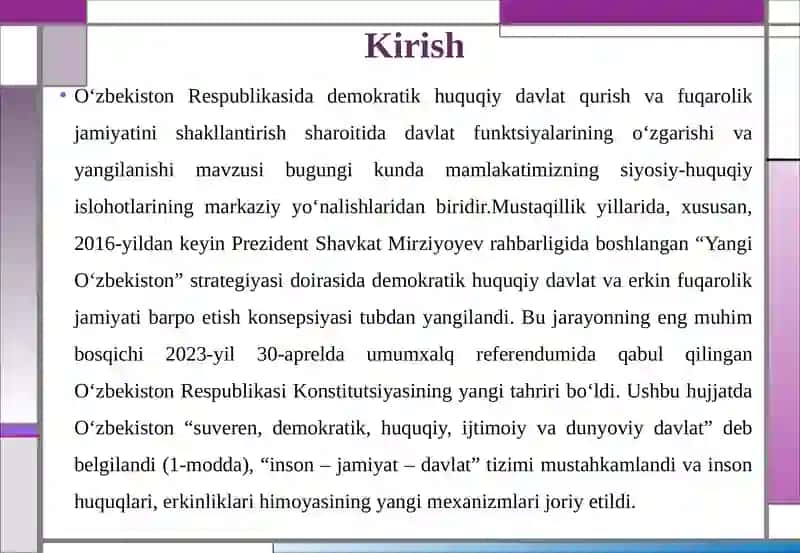 Mavzu: O‘zbekiston Respublikasida demokratik huquqiy davlat qurish va fuqarolik jamiyatini shakllantirish sharoiti davlat funktsiyalarining o‘zgarishi va yangilanish 3