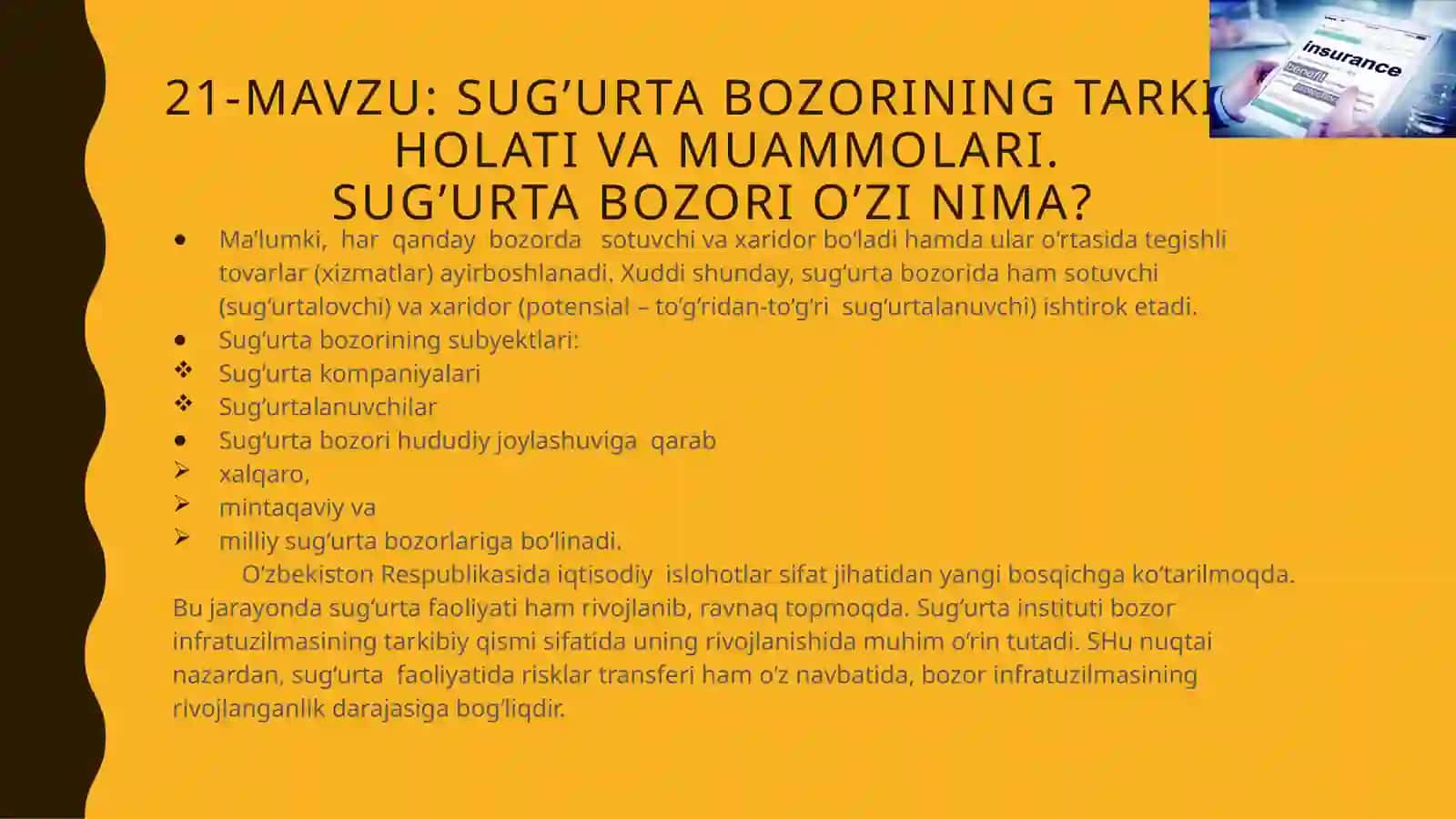 Sug’urtabozorining tarkibi, holati va muammolari. Sug’urta bozori o‘zinima? 3