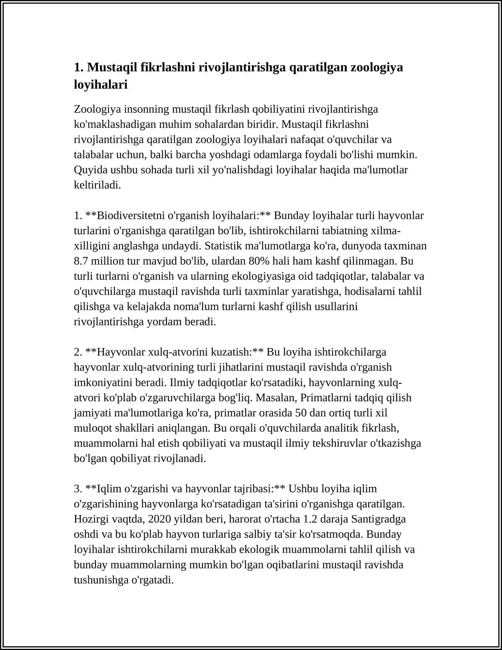 ZOOLOGIYANI OʻQITISHDA OʻQUVCHILARNI MUSTAQIL VA IJODIY FIKR YURITISH KOʻNIKMALARINI TARKIB TOPTIRISH YOʻLLARI 3