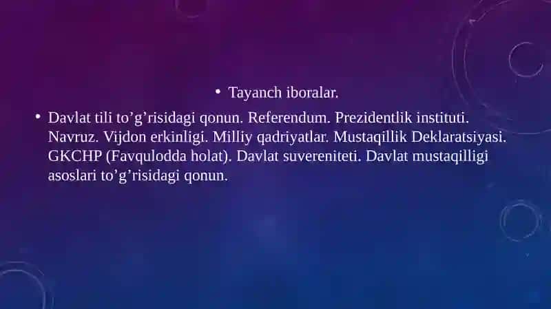 Mustaqillikka erishish arafasida O‘zbekistondagi ijtimoiy-siyosiy jarayonlar.Mustaqil O‘zbekiston Respublikasining tashkil topishi va uning tarixiy ahamiyati. 3