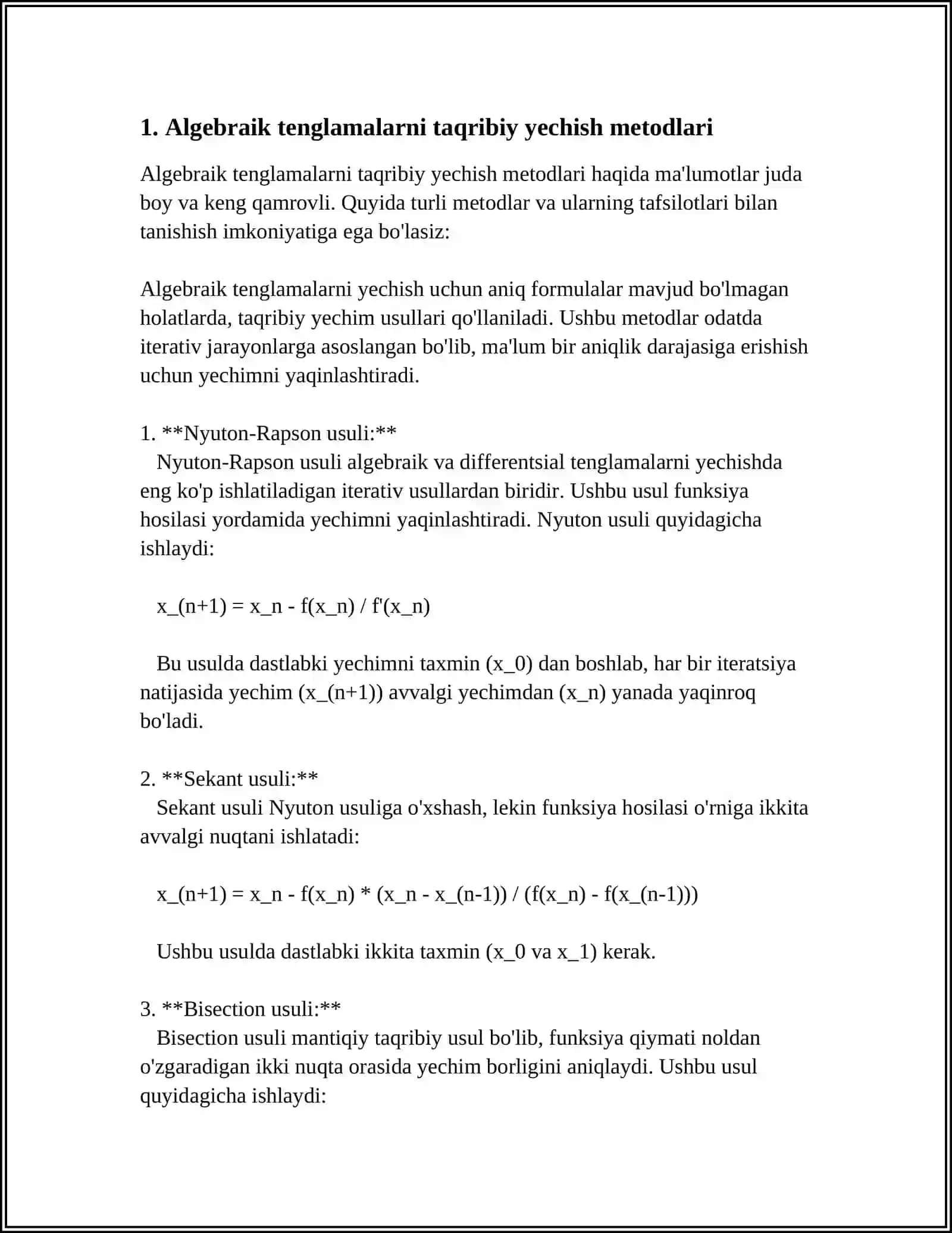 M20 ALGEBRAIK VA TRANSENDENT TENGLAMALARNI TAQRIBIY YECHISHDA ORALIQNI TENG IKKIGA BO’LISH VA VATARLAR USULLARINI SAMARADORLIK BO’YICHA TAQQOSLASH 3