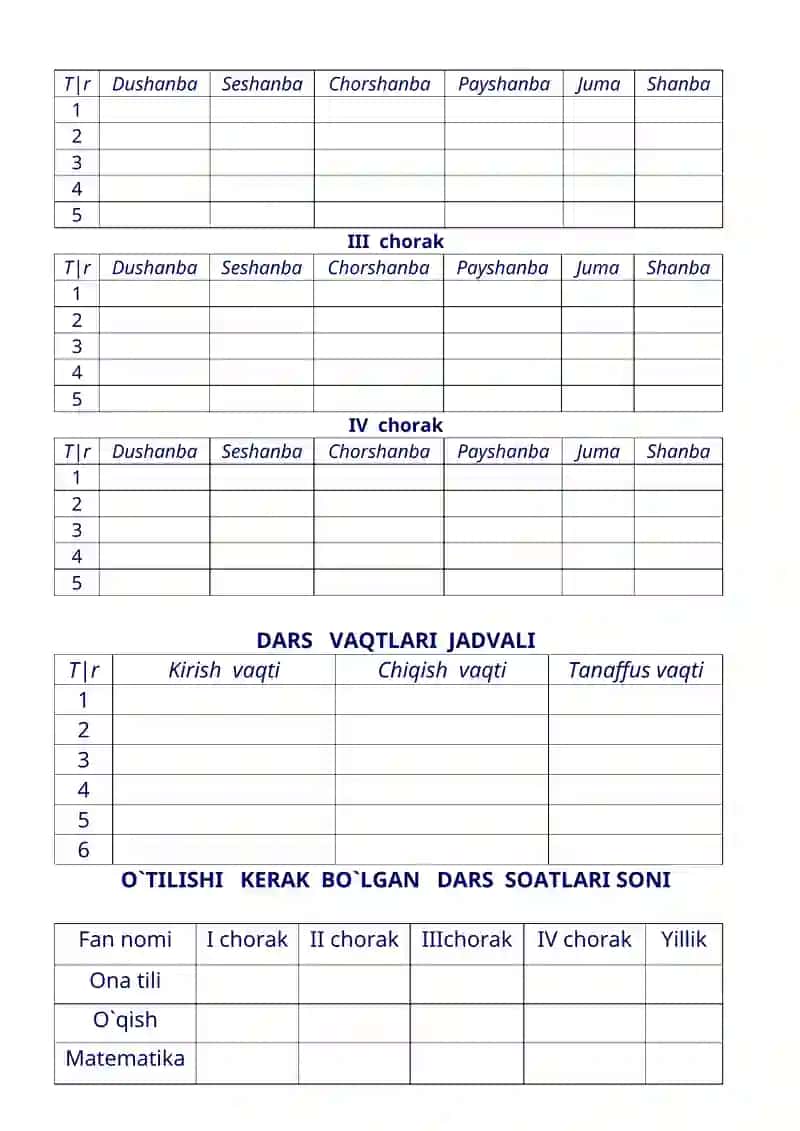 3-sinflar uchun YILLIK TAQVIM REJASI 3
