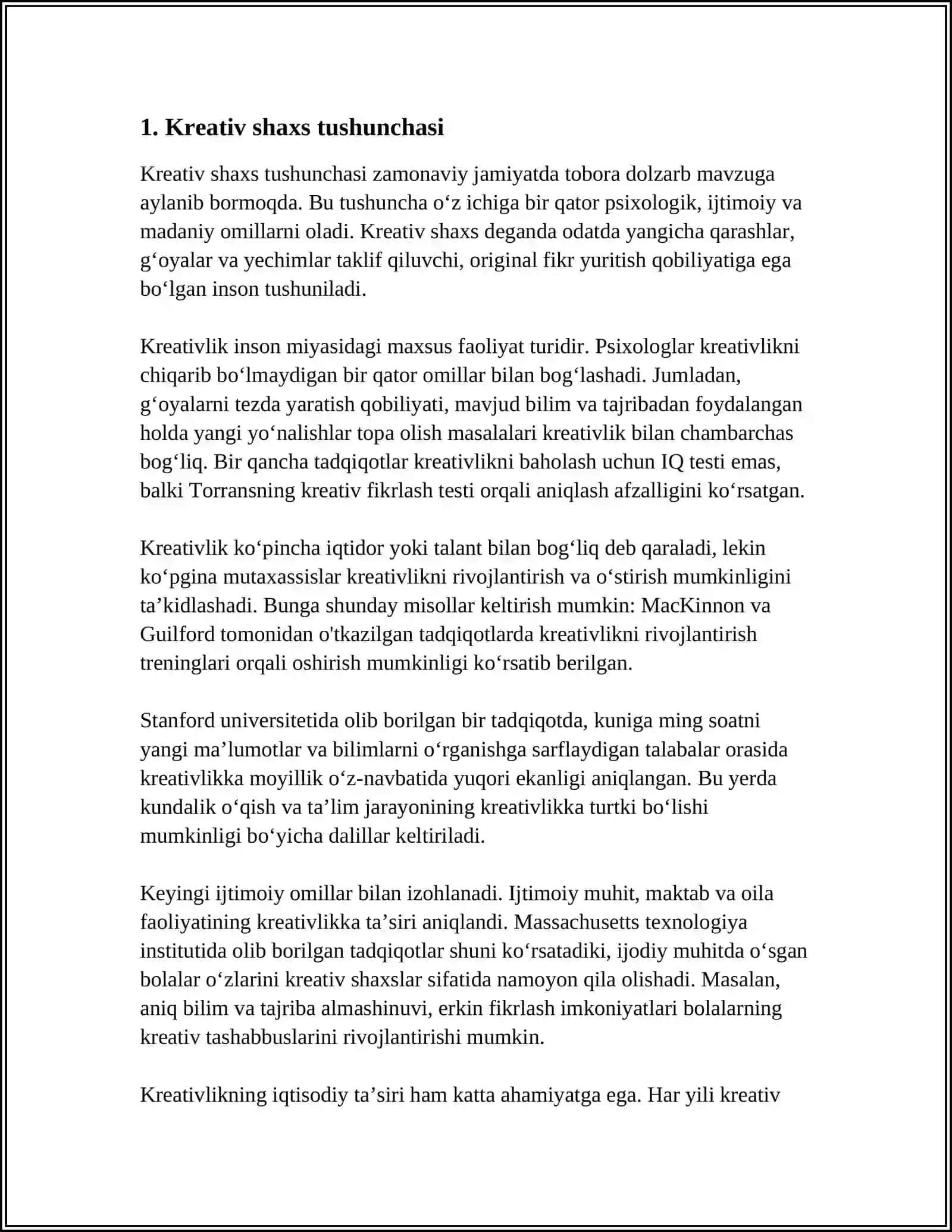 "KREATIV SHAXS"MAVZUSIDAGI AXBOROTNING KLASTERDAGI IFODASINI TUZING 3