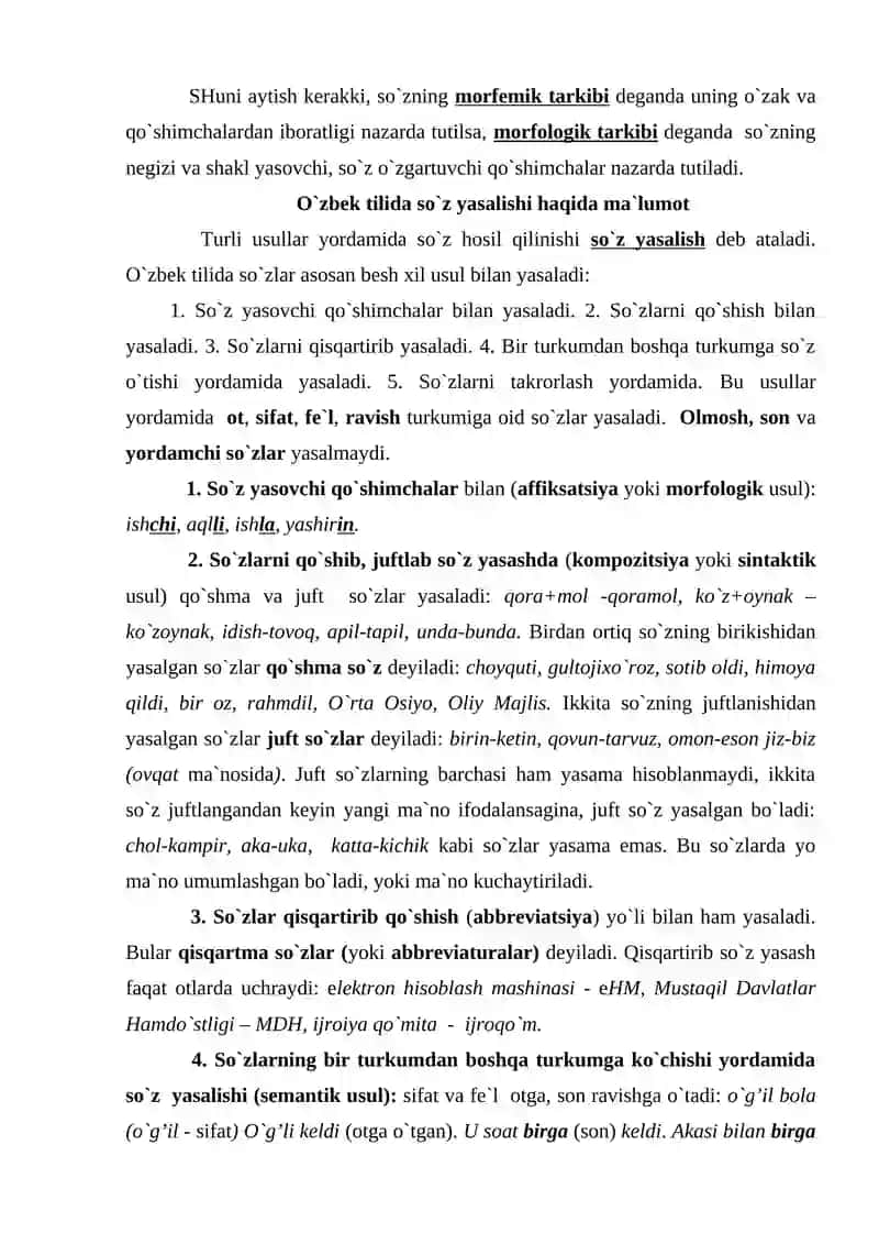 Grammatika, morfologiyaga kirish. Morfemika, so‘z yasalish usullari; so‘zlarning tuzilish jihatdan turlari 3