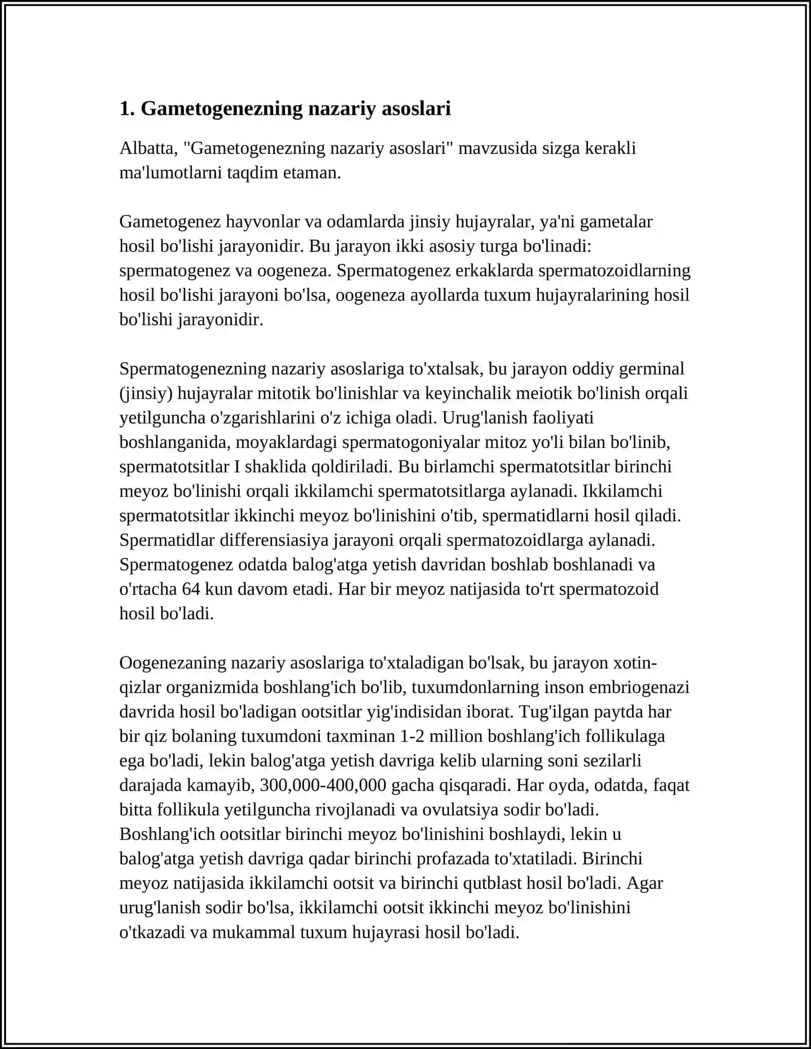 ODAM EMBRIOLOGIYASI ASOSLARI.GAMETOGENEZ,URUG'LANISH, MAYDALANISH 3