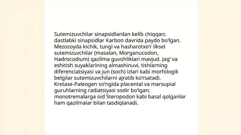 Sutemizuvchilar ekologiyasi kelib chiqishi va evolyutsiyasi 3