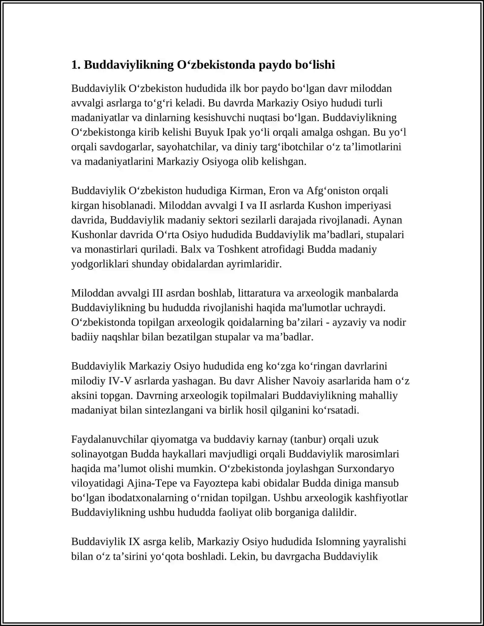 ÓZBEKISTONDA BUDDAVIYLIK DININING TARIXIY ILDIZLARI (QARATEPA, FAYOZTEPA, DALVARZINTEPA) VA HOZIRGI ZAMON 3