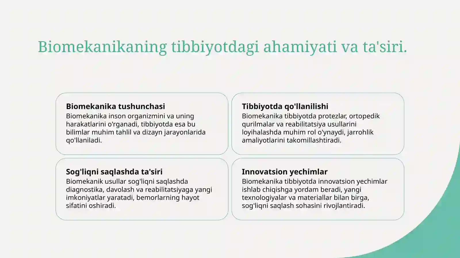 Biomexanikani tibbiyot texnikalarini loyhalashdagi roʻlini oʻrganish 3