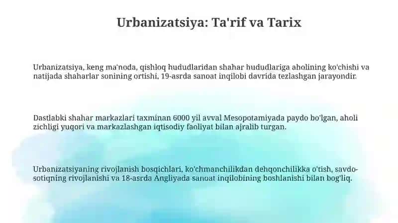 Urbanizatsiya: aholining shaharlarga ko'chishi sabab va oqibatlari 3