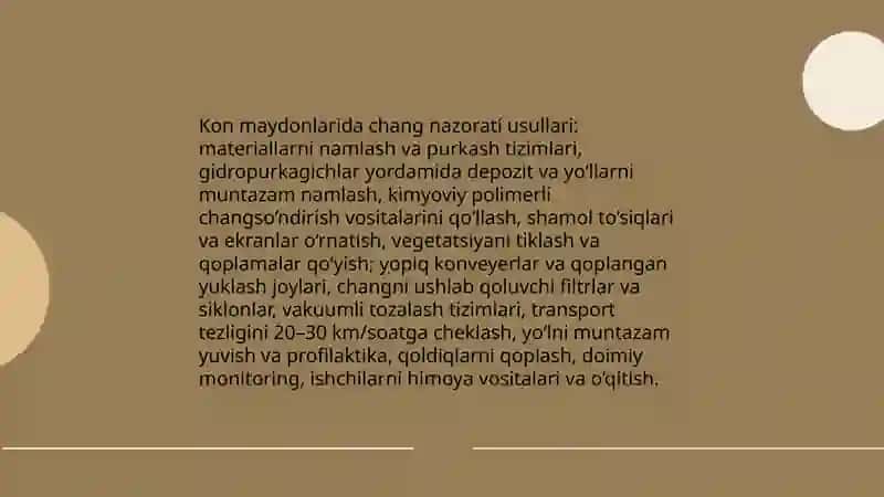 Oʻzbekiston konlarida changlanish va havoni ifloslanishiga qarshi kurash choralari 3