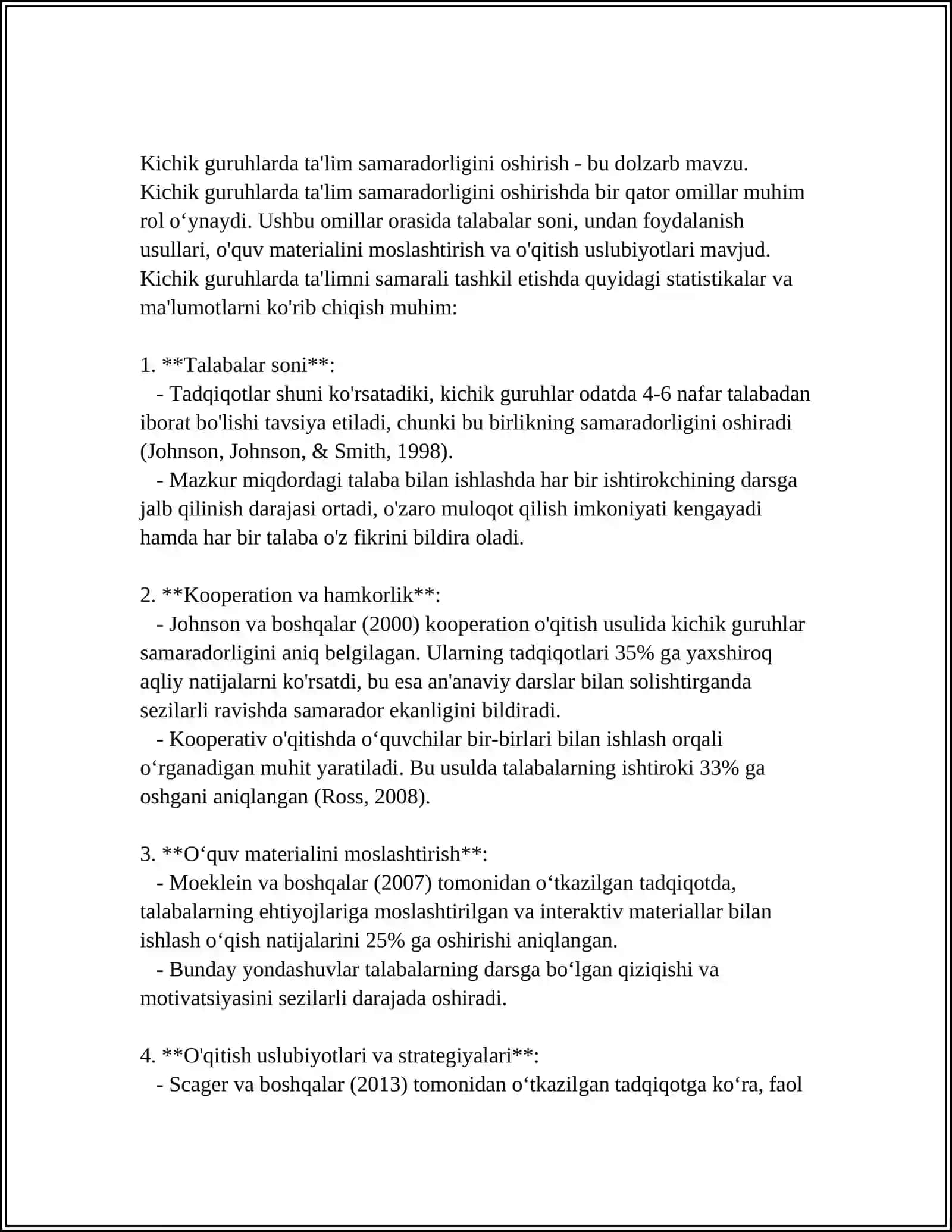 MUSTAQIL ISH Mavzu: GOSPITAL PEDAGOGIKANI KICHIK GURUHLARDA YOKI INDIVIDUAL TASHKIL ETISHNING XUSUSIYATLARI VA TA'LIM TEXNOLOGIYALARINI QOʻLLASH USULLARI 3
