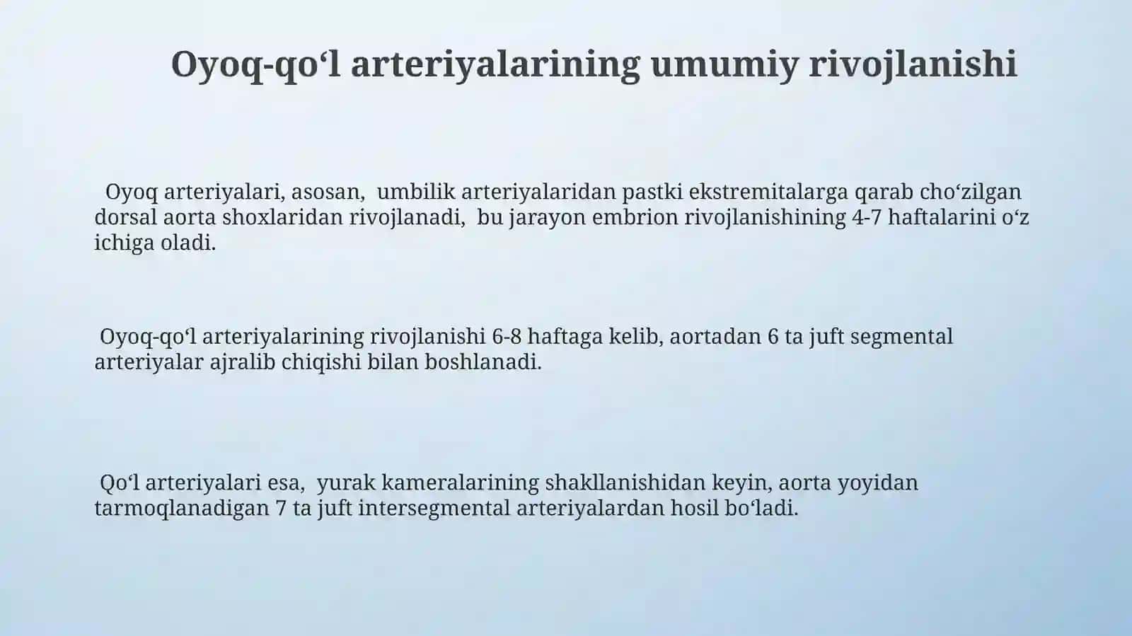 Chanoq va ekstermitalar arteriyalarining rivojlanishi 3