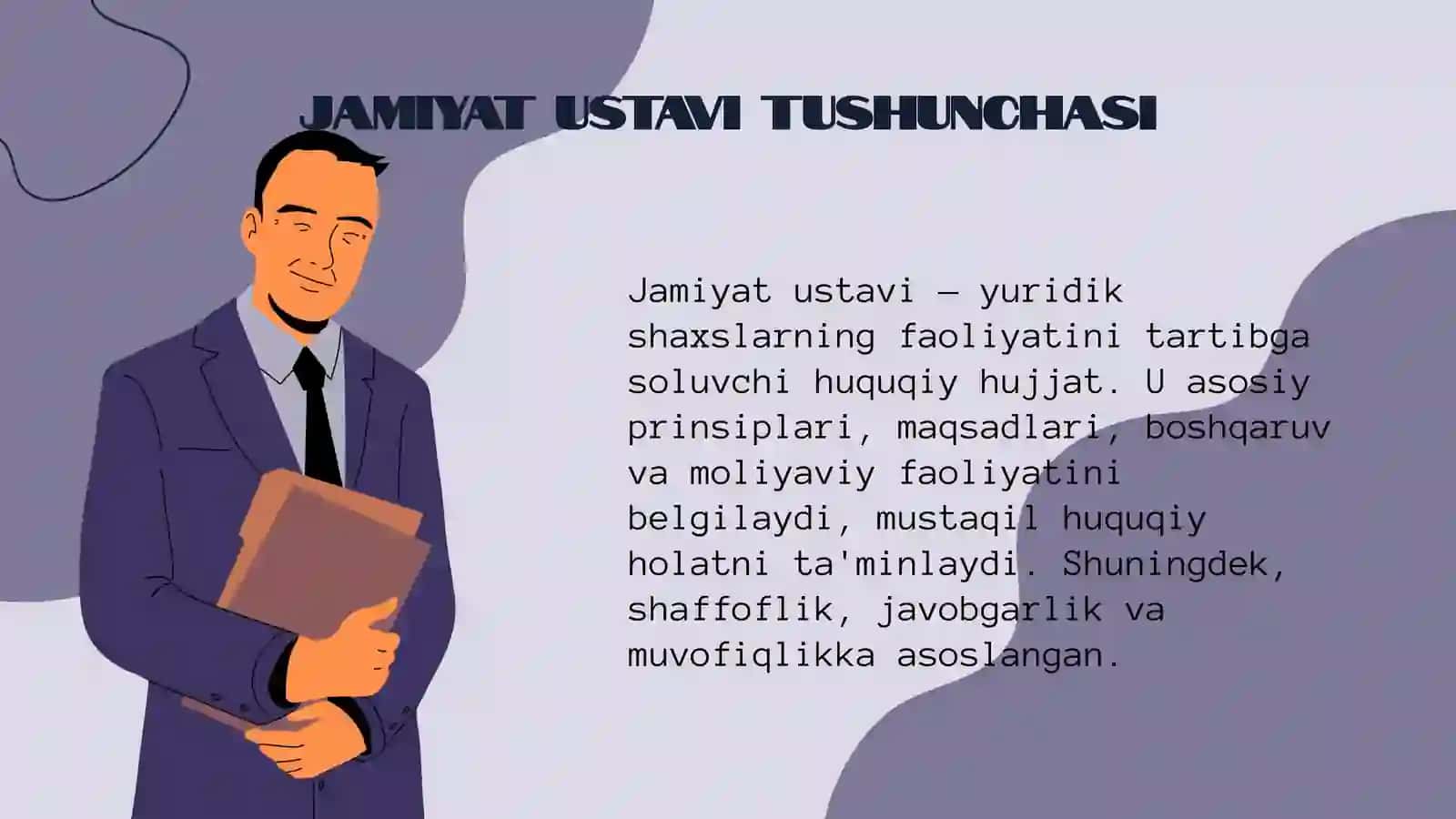 Jamiyat ustavi tushunchasi. Tijorati bo'lmagan yuridik shaxslarning jamiyat ustavi. 3