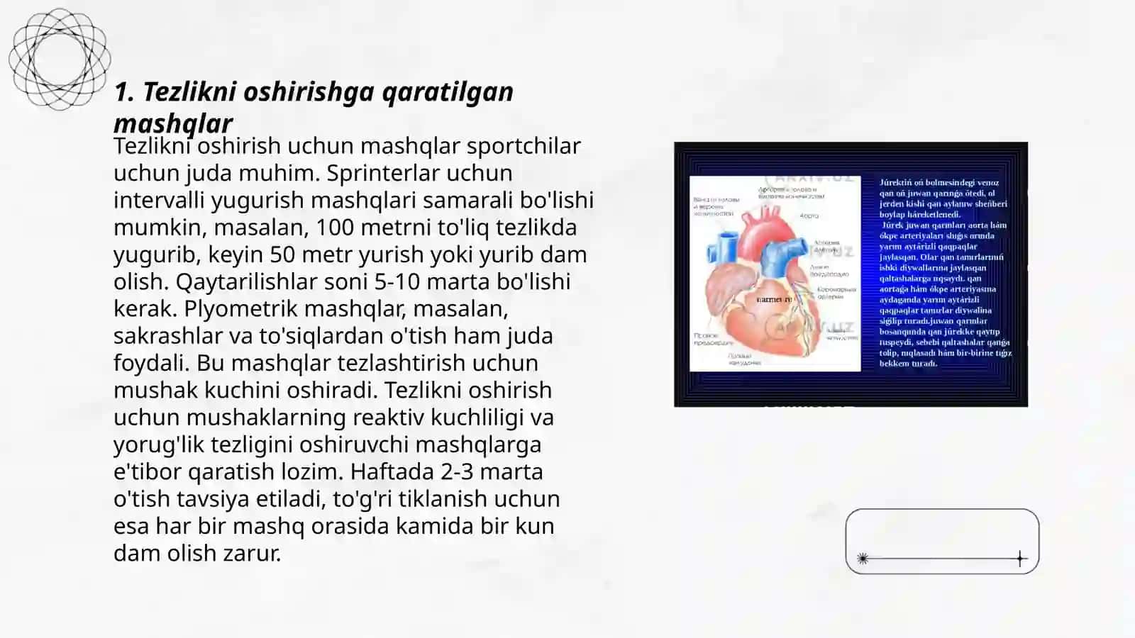Gimnastikachilarning umumiy jismoniy sifatlarini (tezlokni, chidamlilikni, chaqqonlikni) tarbiyalashga qaratilgan mashgʻulot oʻtkazish 3