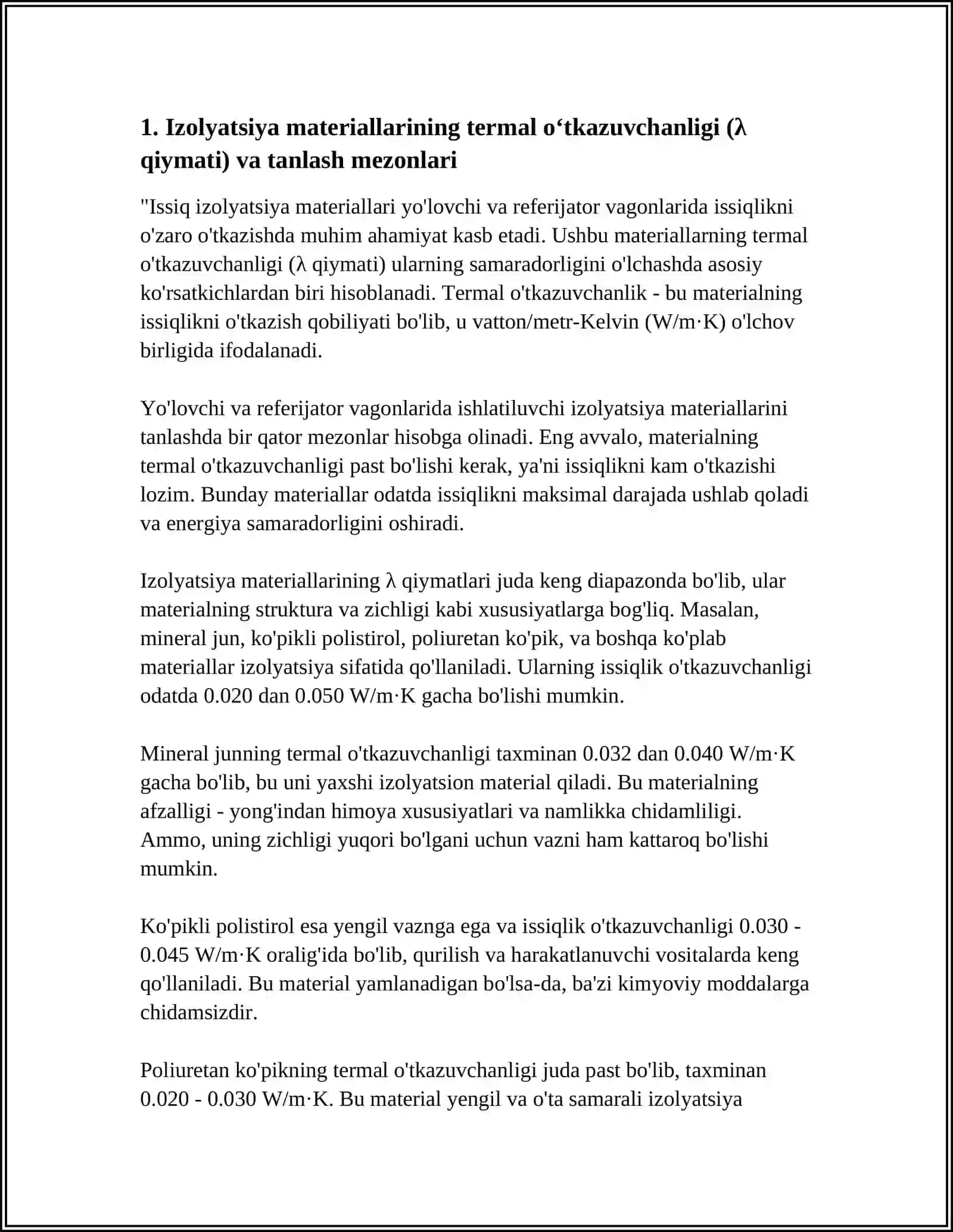 YO'LOVCHI VA REFRIJERATOR VAGONLARIDA ISSIQLIK IZOLYATSIYASI MATERIALLARINI TANLASH 3