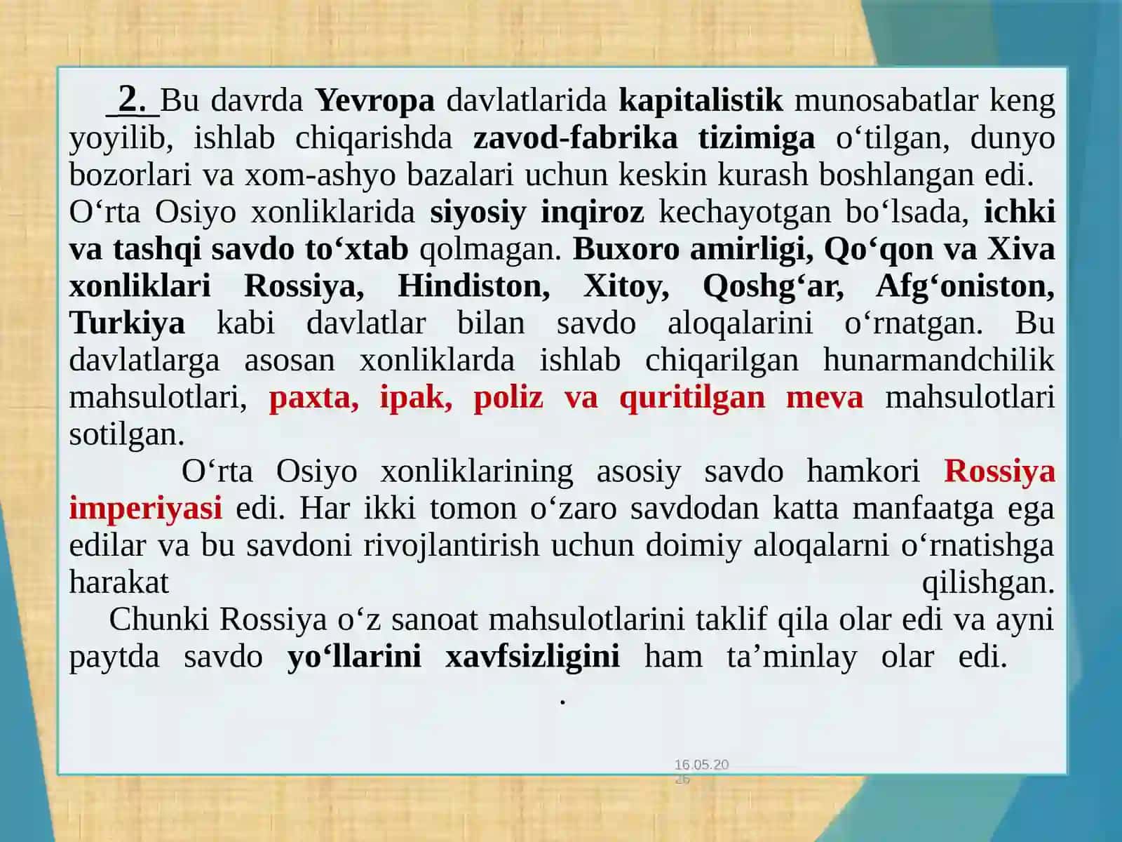 XIX asr o‘rtalarida O‘zbek xonliklarining ijtimoiy-iqtisodiy hayoti 3