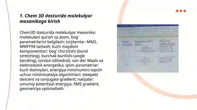 Chem 3D dasturida molekulyar mexanikani hisoblash 3