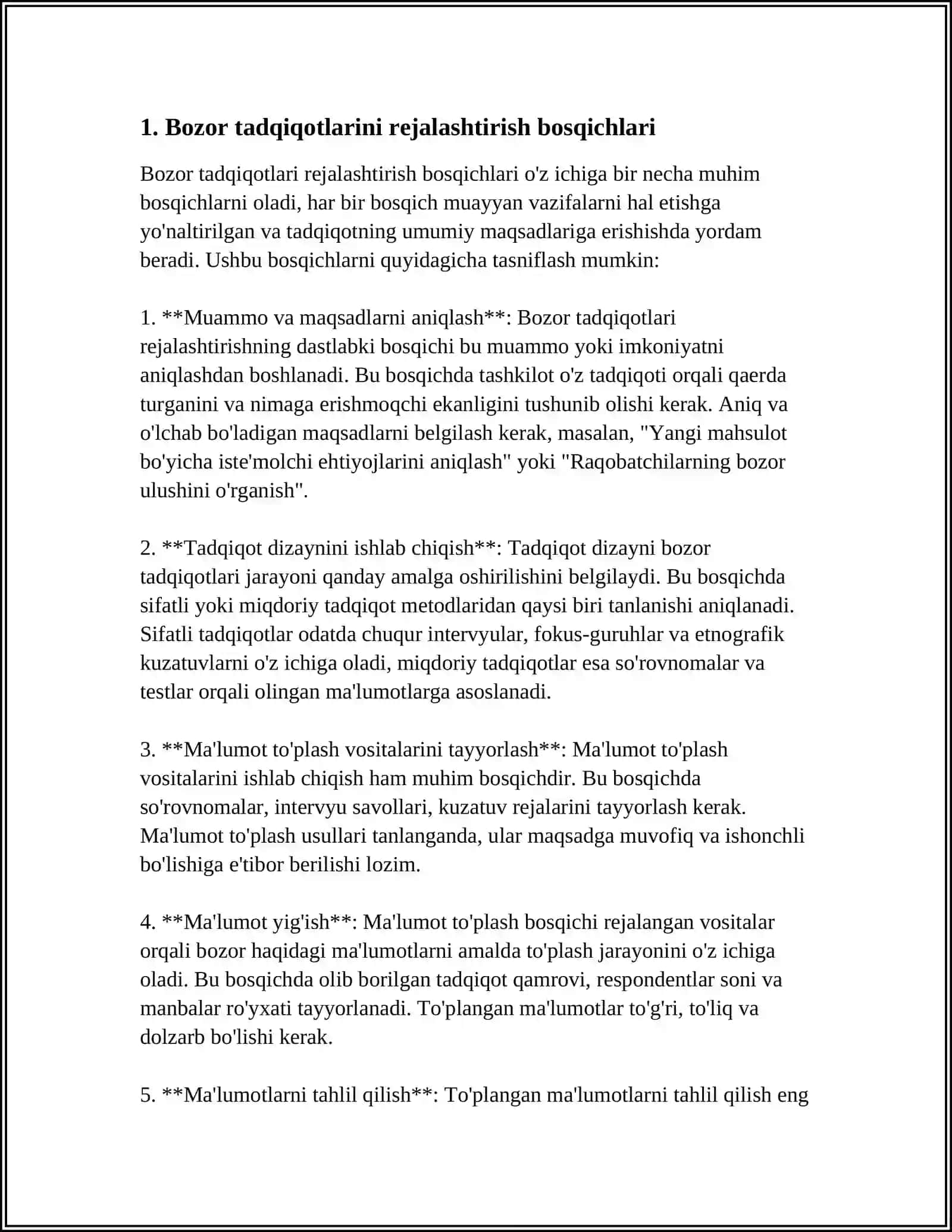 MARKETING TADQIQOTLARINI BOSQICHLARI VA ULARNI AMALGA OSHIRISH TADBIRLARI 3