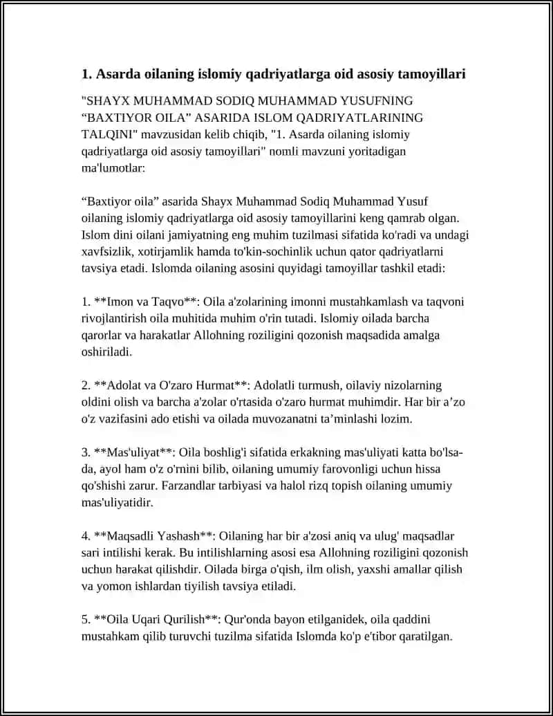 "SHAYX MUHAMMAD SODIQ MUHAMMAD YUSUFNING “BAXTIYOR OILA” ASARIDA ISLOM QADRIYATLARINING TALQINI" 3
