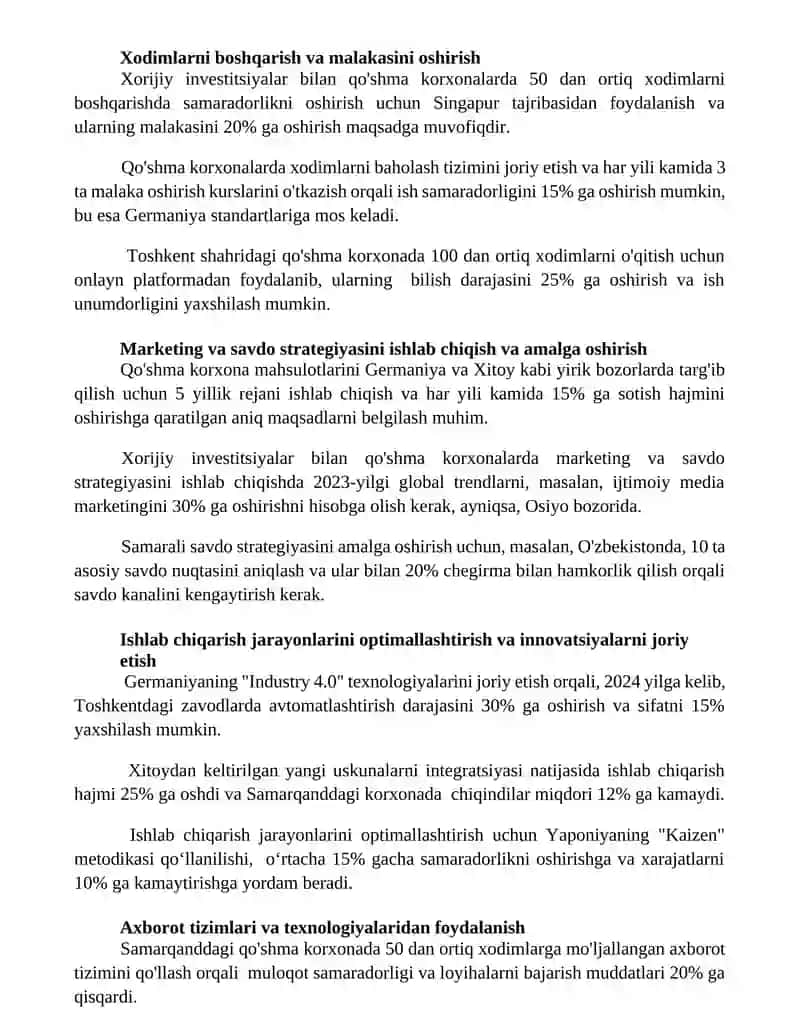 Xorijiy investitsiyalar ishtirokidagi qoʻshimcha korxonalar faoliyati samaradorligini taʼminlash 3