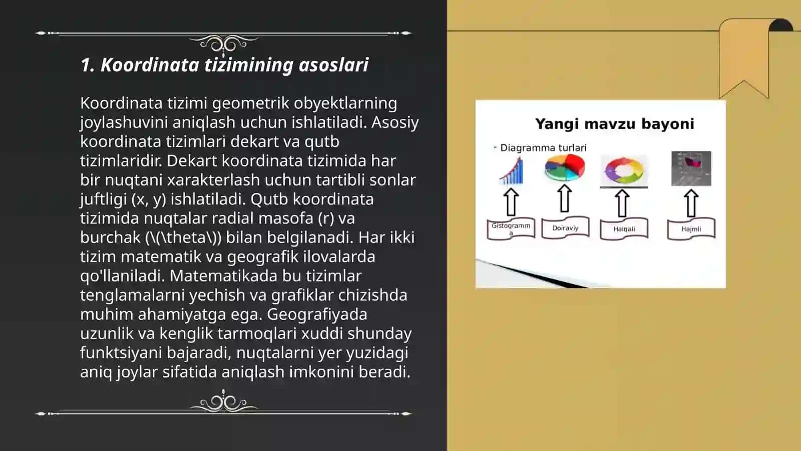 Koordinata burchagi, sodda grafiklar, diagrammalar, jadvallar, simmetriya 3