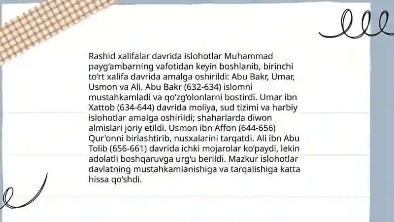 Rashid xalifalar davrida islohotlar 3