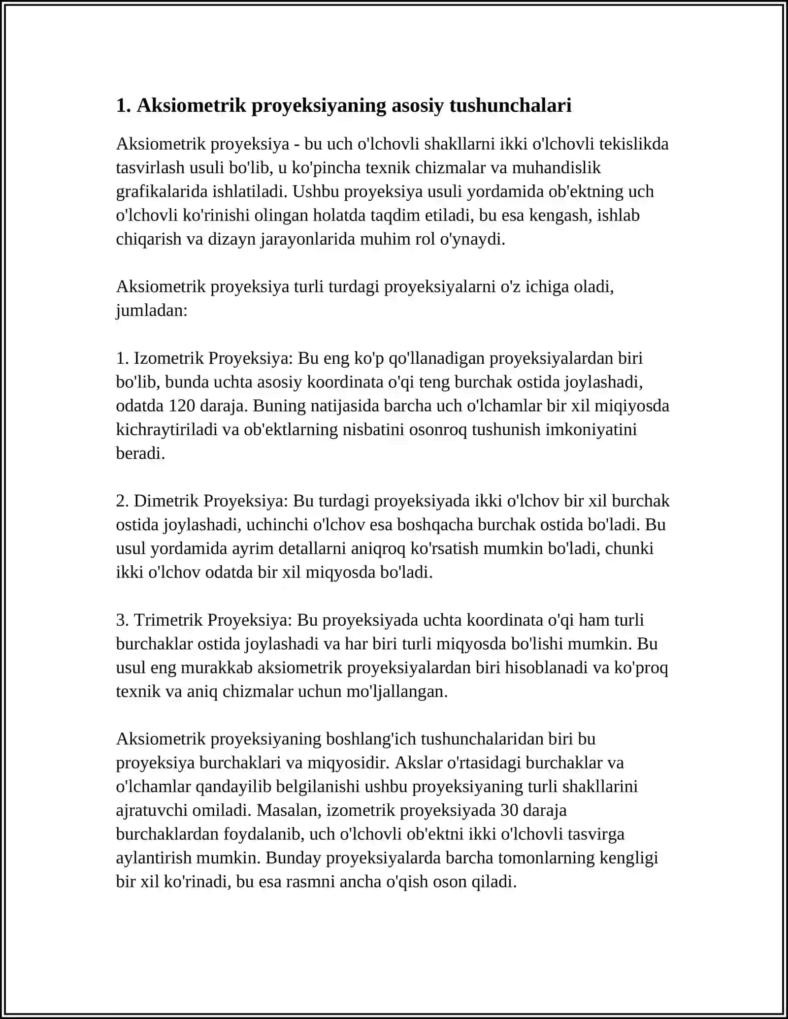 AKSIONOMETRIK PROYEKSIYALAR. QIYSHIQ VA TUGRI BURCHAKLI PROYEKSIYALAR.DIMETRIYA 3