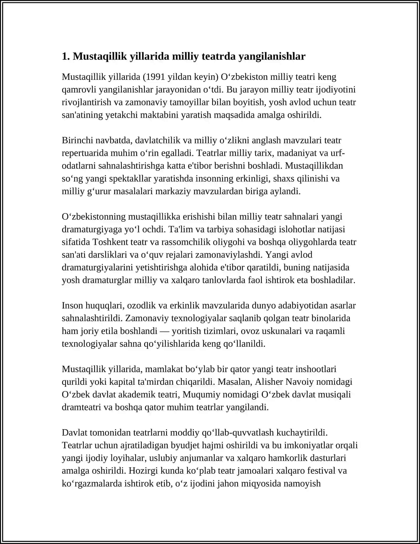 MUSTAQILLIK YILLARIDA MILLIY TEATR, KINO, TELEVIDENIE, OAVLARI RIVOJI 3