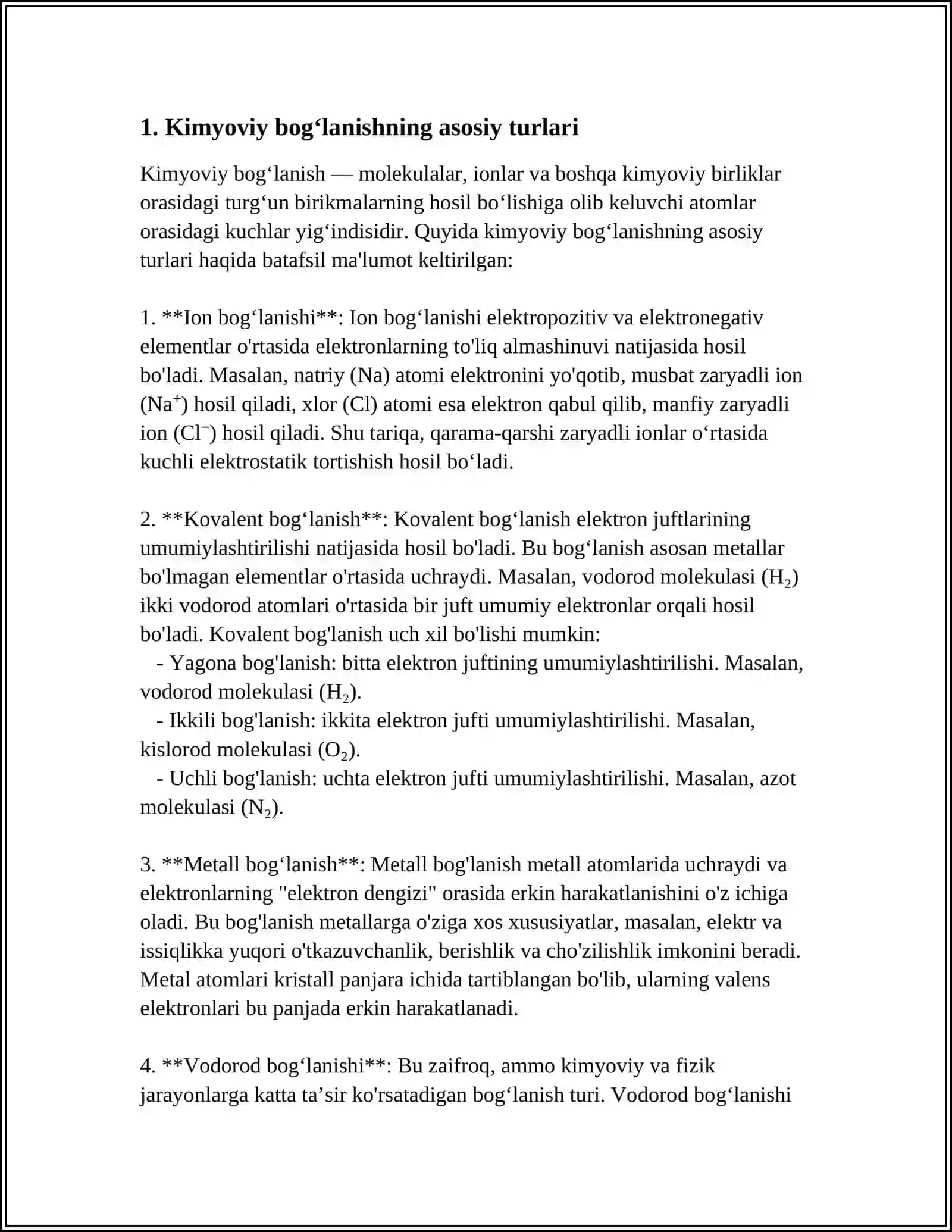 MUSTAQIL ISH Mavzu: KIMYOVIY BOGʻLANISH 3