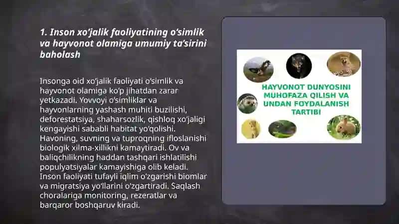 Inson xo‘jalik faoliyatining o‘simlik va hayvonot olamiga ta‘sirini baholash 3