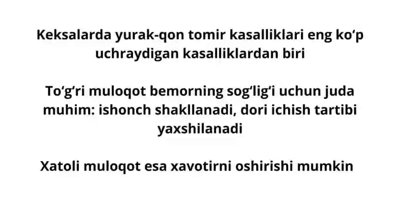 Keksa yoshdagi yurak qon tomir kasalliklari bilan ogʻrigan bemor bilan samarali muloqot 3