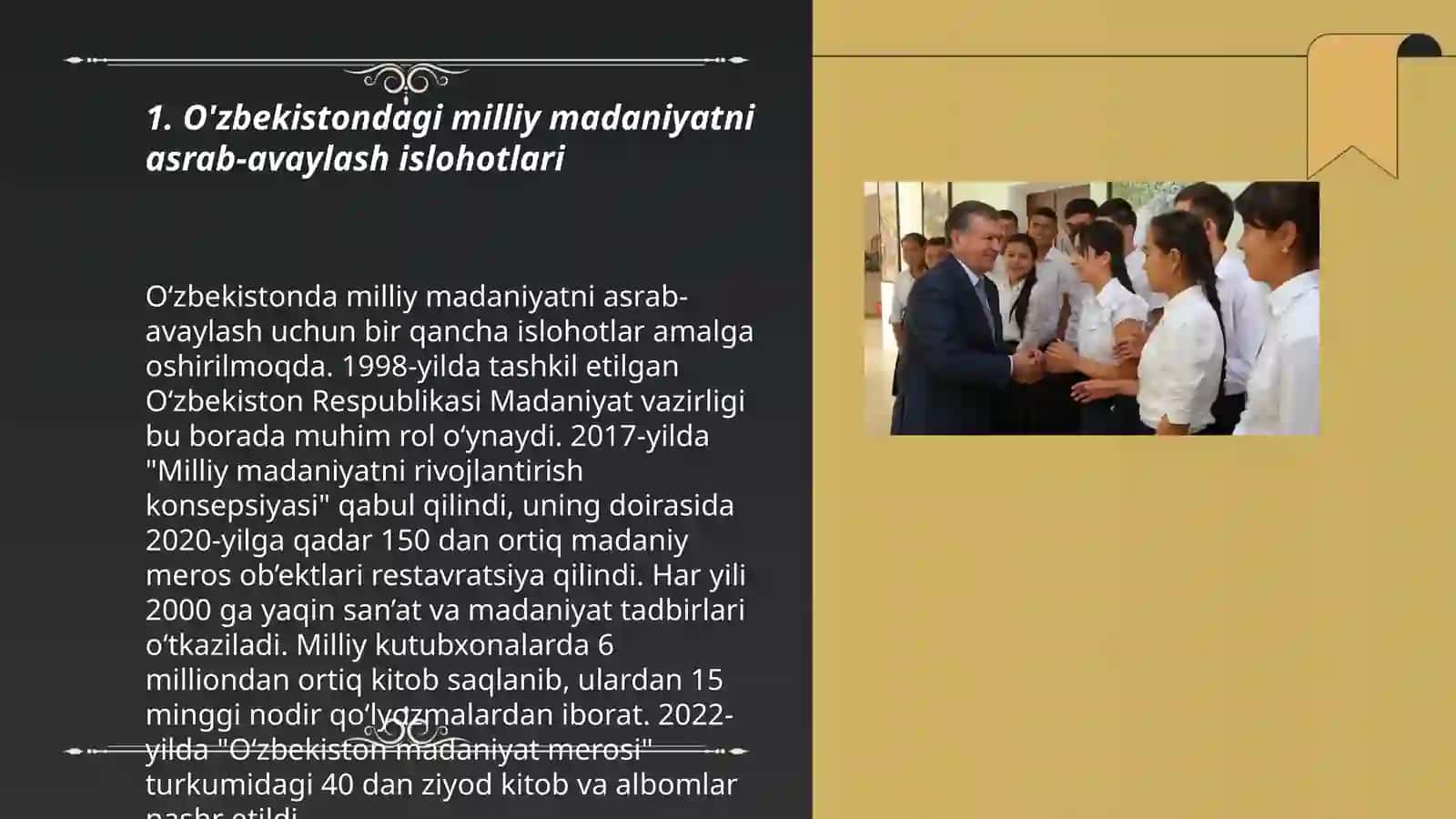 O'zbekistondagi milliy qadriyatlar VA tarixni tiklash borasidagi islohotlar 3