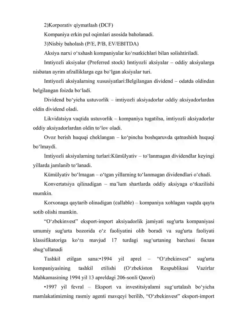 AKSIYALARNI BAHOLASH ASOSLARI.IMTIYOZLI VA ODDIY AKSIYALAR 3