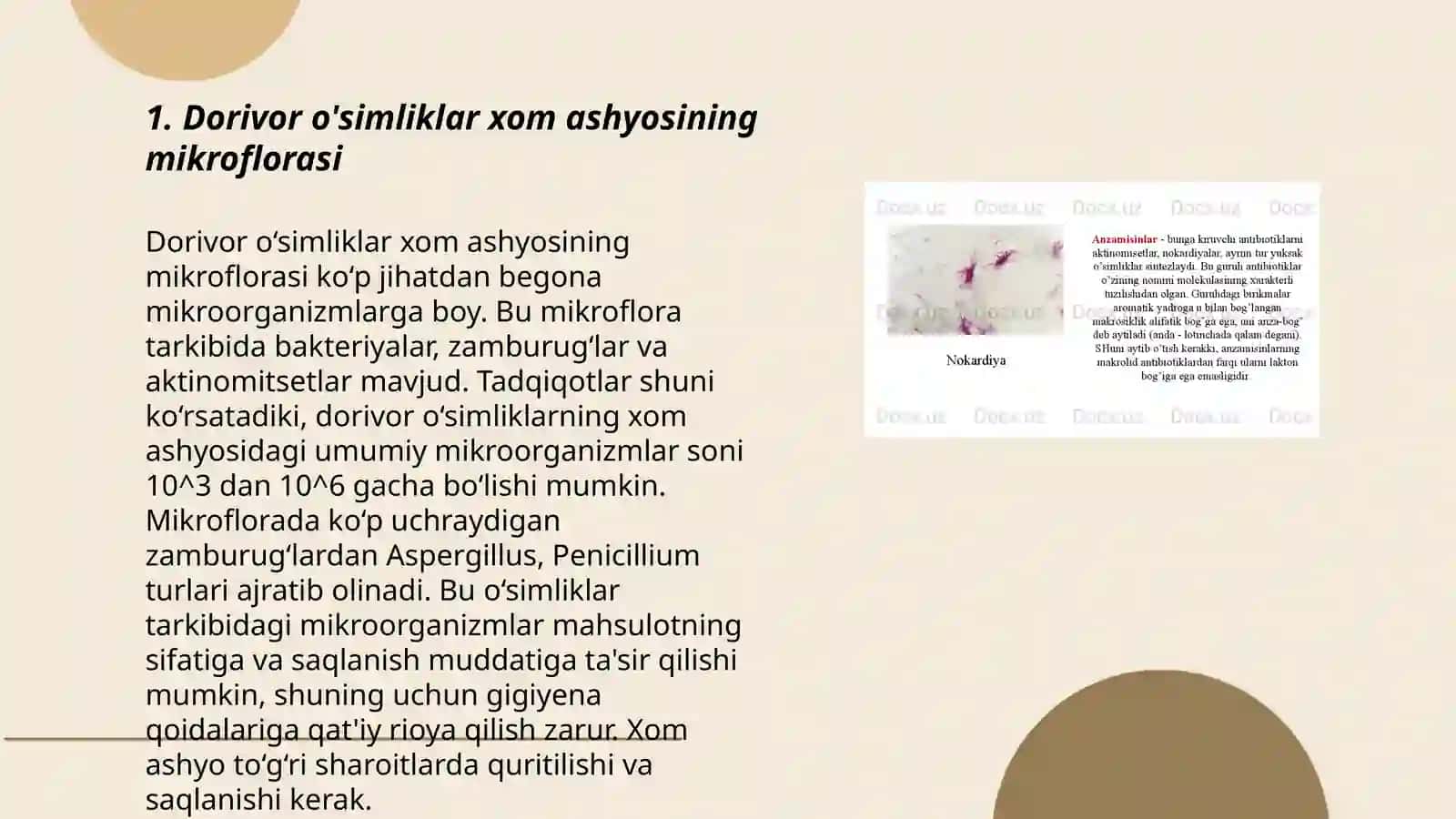 Dorivor o'simliklar xom ashyosining mikroflorasi.O'simliklarda kasallik qo'zg'atuvchi mikroorganizmlar.Tayyor dorilarning mikroflorasi va aniqlash usullari.Antibiotiklar.Mikroorganizmlarning Antibiotiklarga sezgirligini aniqlash usullari 3
